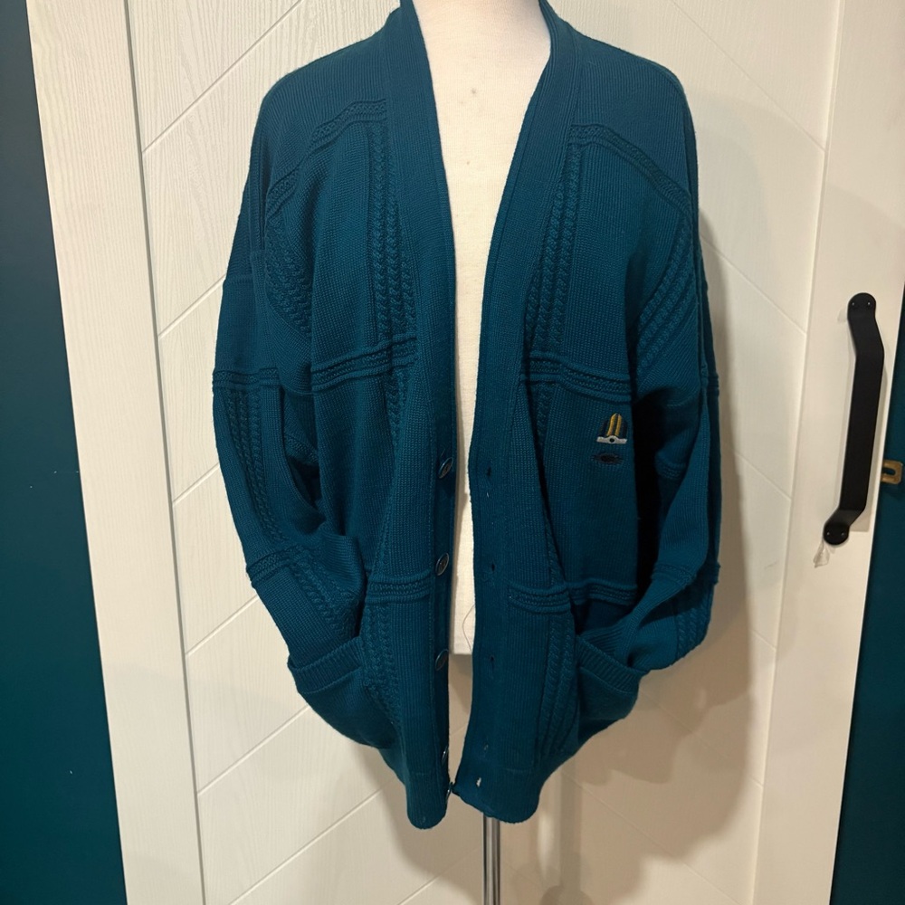 Vintage  Italian Wool Blend Teal Cable Knit Cardigan /Nautical/ Eclectic Grandpa